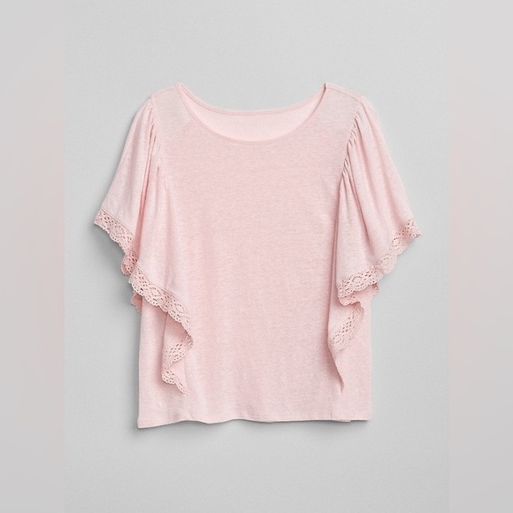 Gap Linen Blend Crochet Trim Flutter Sleeve Top Size S Pink Relaxed Fit Vacation - Picture 1 of 8